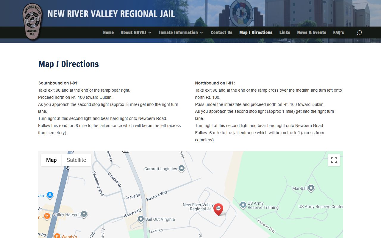 New River Valley Regional Jail directions for Carroll County visitors